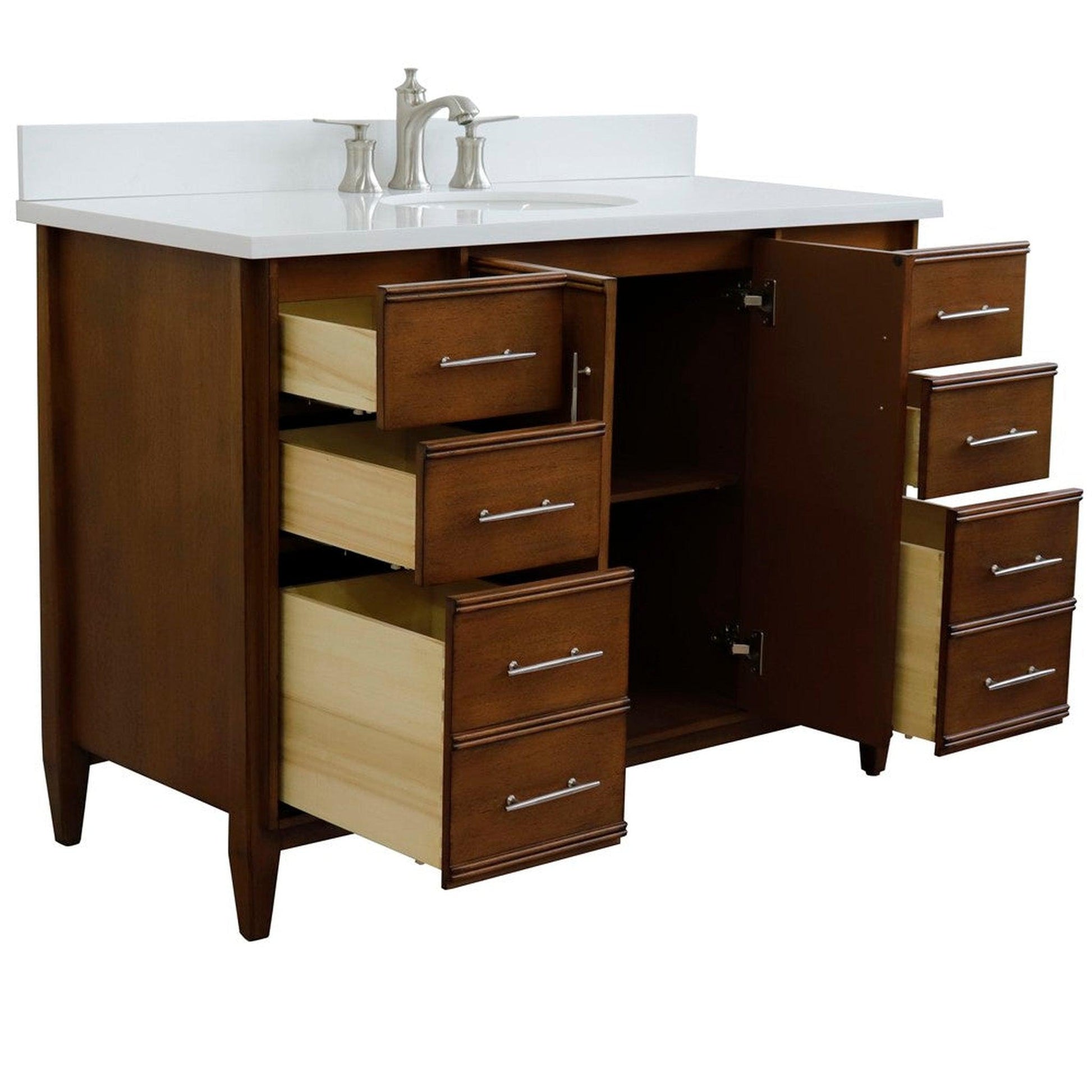 Bellaterra Home MCM 49" 2-Door 6-Drawer Walnut Freestanding Vanity Set With Ceramic Undermount Oval Sink and White Quartz Top