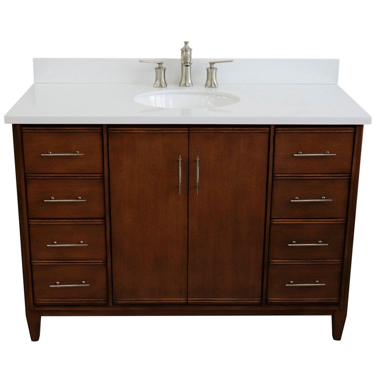 Bellaterra Home MCM 49" 2-Door 6-Drawer Walnut Freestanding Vanity Set With Ceramic Undermount Oval Sink and White Quartz Top