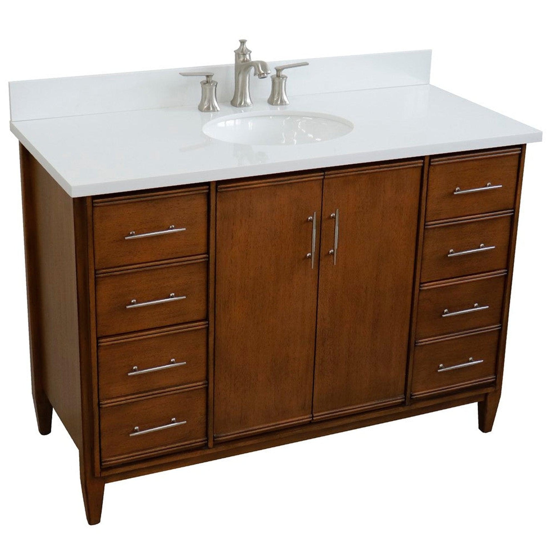 Bellaterra Home MCM 49" 2-Door 6-Drawer Walnut Freestanding Vanity Set With Ceramic Undermount Oval Sink and White Quartz Top