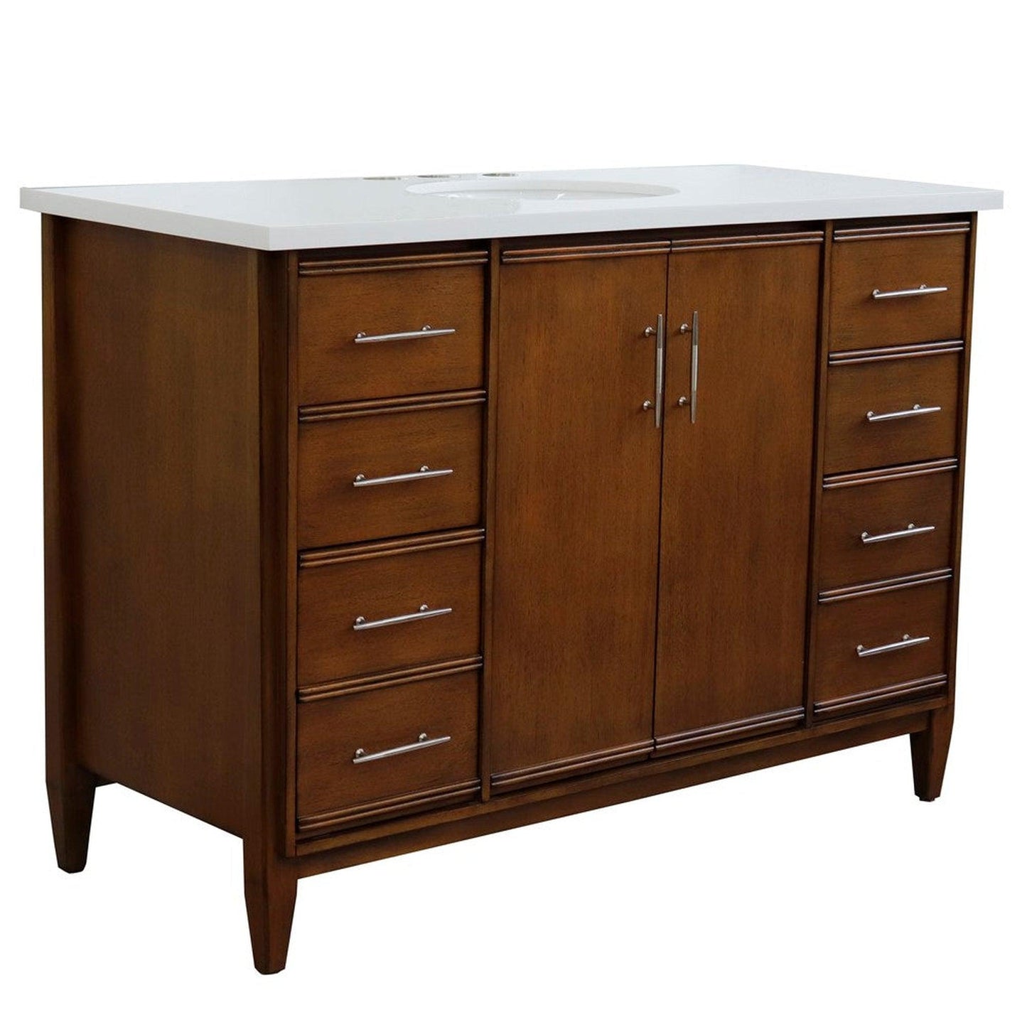 Bellaterra Home MCM 49" 2-Door 6-Drawer Walnut Freestanding Vanity Set With Ceramic Undermount Oval Sink and White Quartz Top