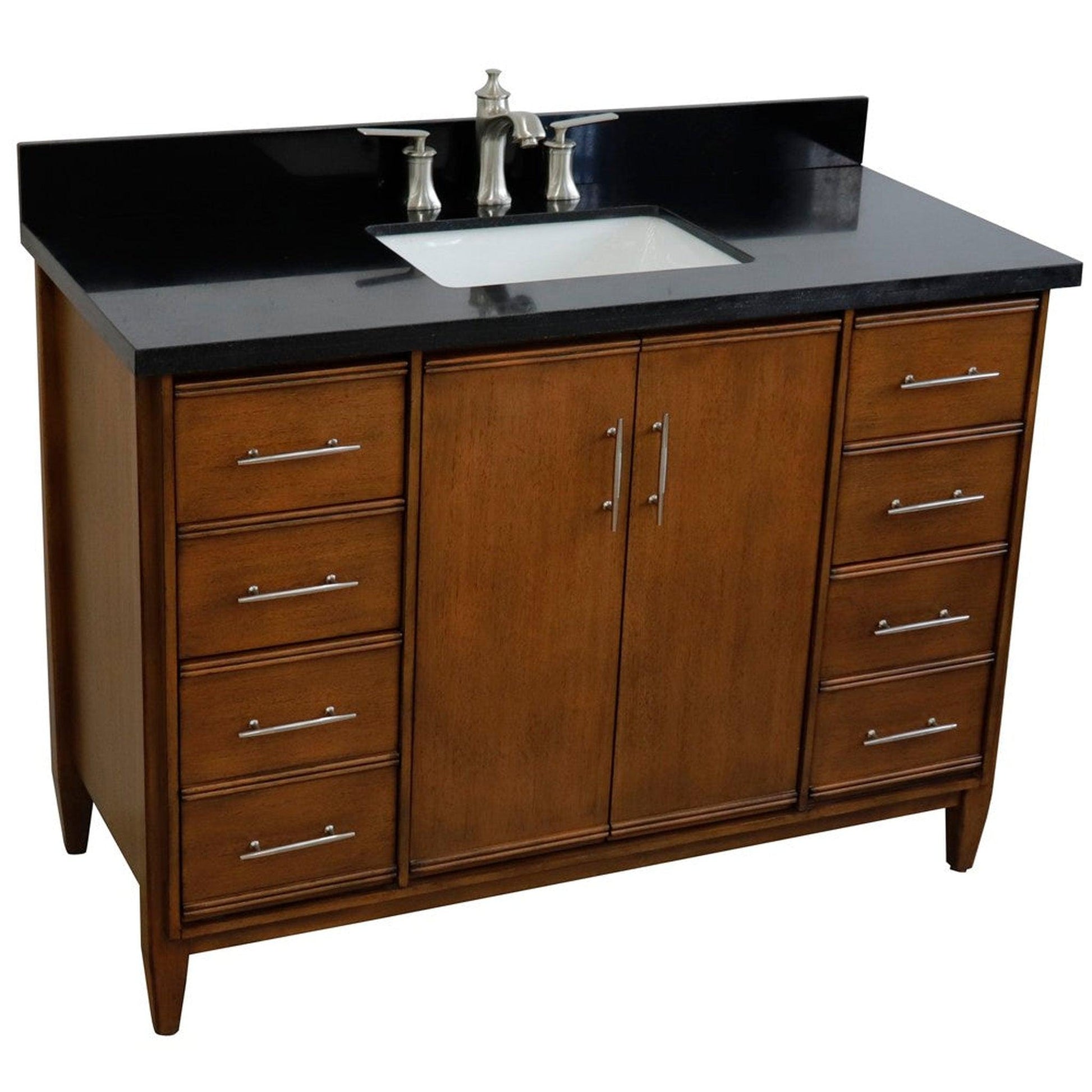 Bellaterra Home MCM 49" 2-Door 6-Drawer Walnut Freestanding Vanity Set With Ceramic Undermount Rectangular Sink and Black Galaxy Granite Top