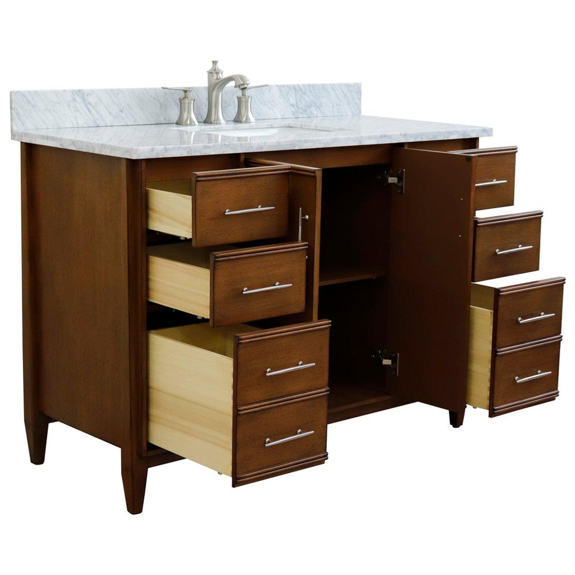 Bellaterra Home MCM 49" 2-Door 6-Drawer Walnut Freestanding Vanity Set With Ceramic Undermount Rectangular Sink and White Carrara Marble Top