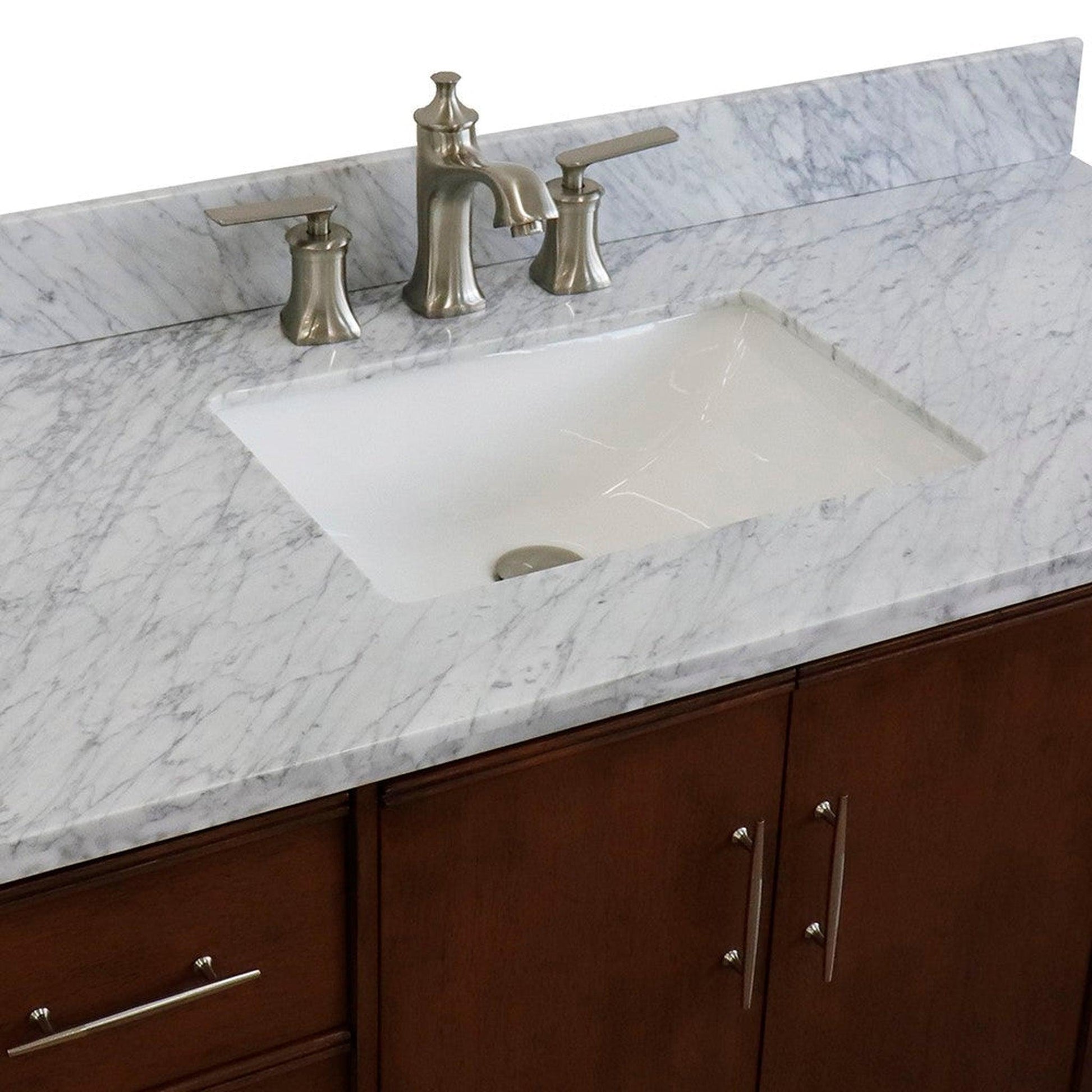 Bellaterra Home MCM 49" 2-Door 6-Drawer Walnut Freestanding Vanity Set With Ceramic Undermount Rectangular Sink and White Carrara Marble Top