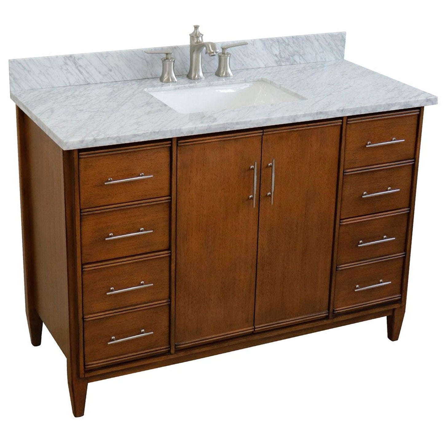 Bellaterra Home MCM 49" 2-Door 6-Drawer Walnut Freestanding Vanity Set With Ceramic Undermount Rectangular Sink and White Carrara Marble Top