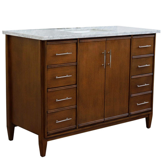 Bellaterra Home MCM 49" 2-Door 6-Drawer Walnut Freestanding Vanity Set With Ceramic Undermount Rectangular Sink and White Carrara Marble Top