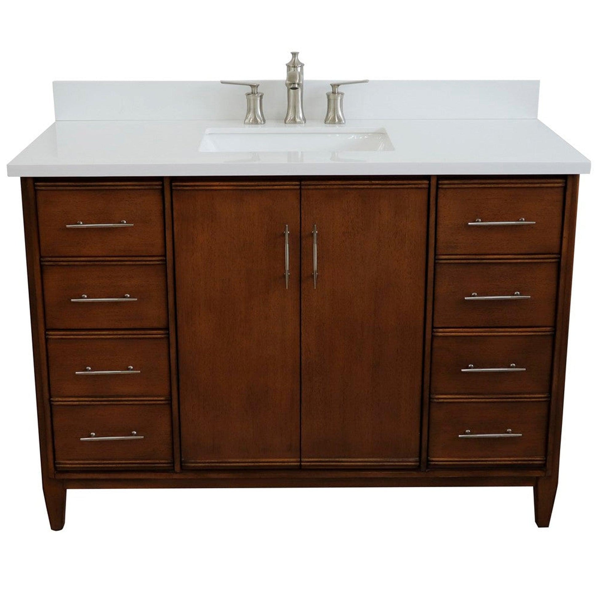 Bellaterra Home MCM 49" 2-Door 6-Drawer Walnut Freestanding Vanity Set With Ceramic Undermount Rectangular Sink and White Quartz Top