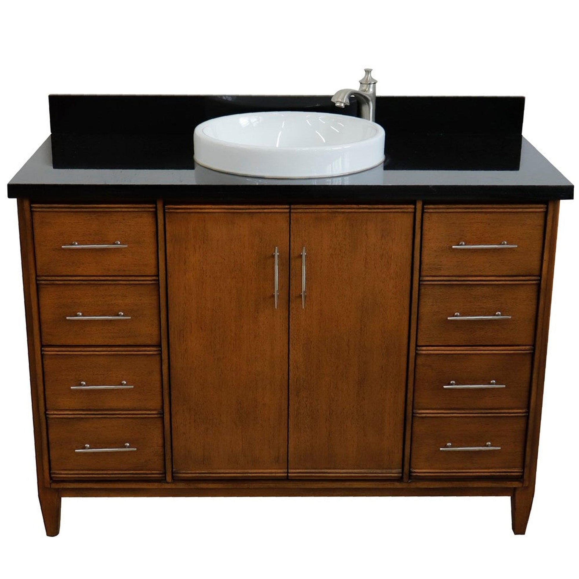 Bellaterra Home MCM 49" 2-Door 6-Drawer Walnut Freestanding Vanity Set With Ceramic Vessel Sink and Black Galaxy Granite Top