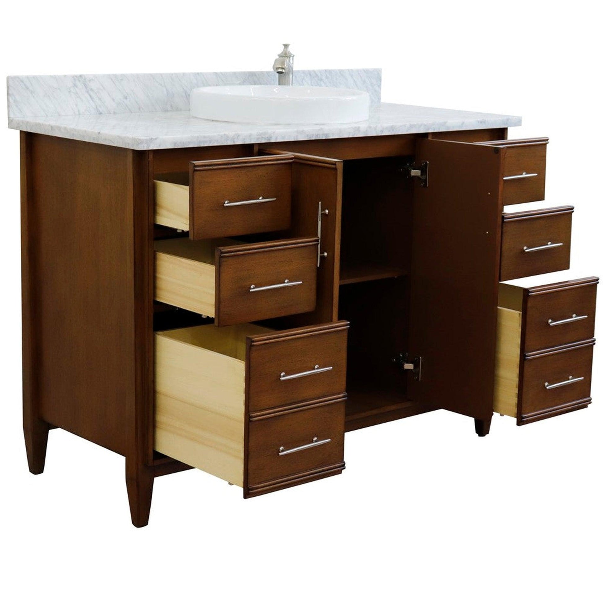 Bellaterra Home MCM 49" 2-Door 6-Drawer Walnut Freestanding Vanity Set With Ceramic Vessel Sink and White Carrara Marble Top