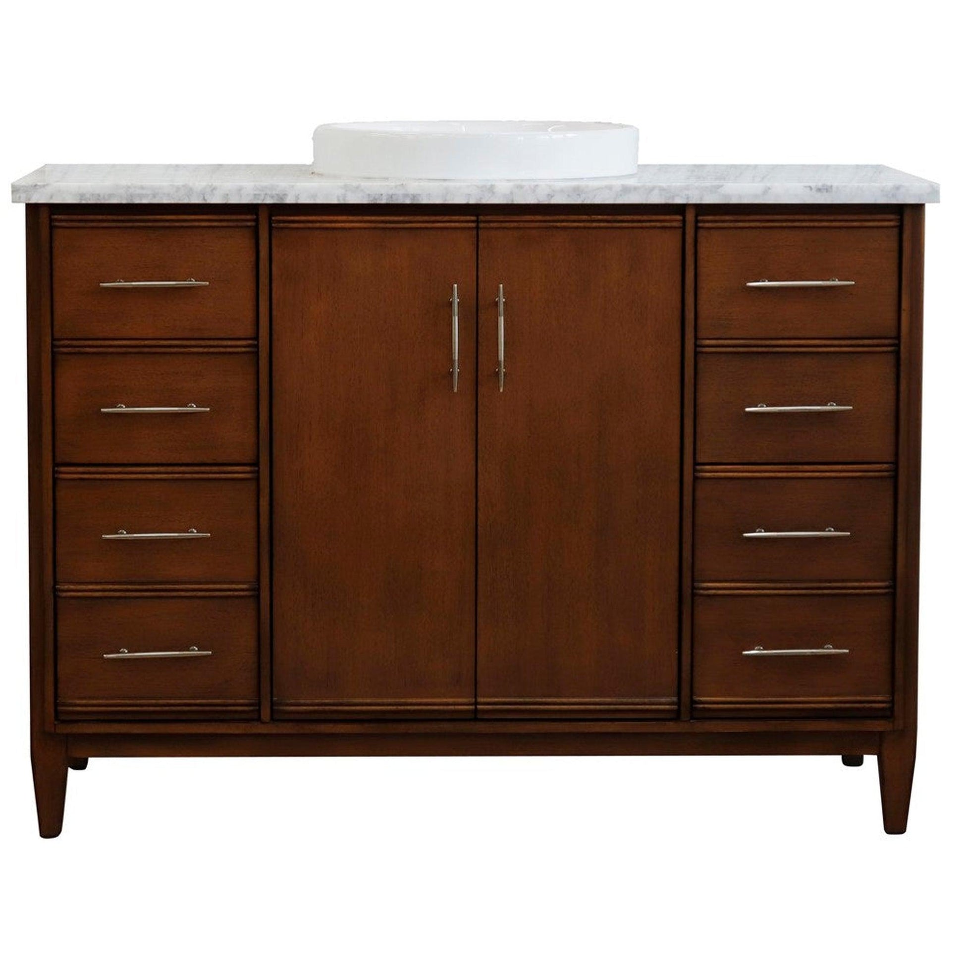 Bellaterra Home MCM 49" 2-Door 6-Drawer Walnut Freestanding Vanity Set With Ceramic Vessel Sink and White Carrara Marble Top