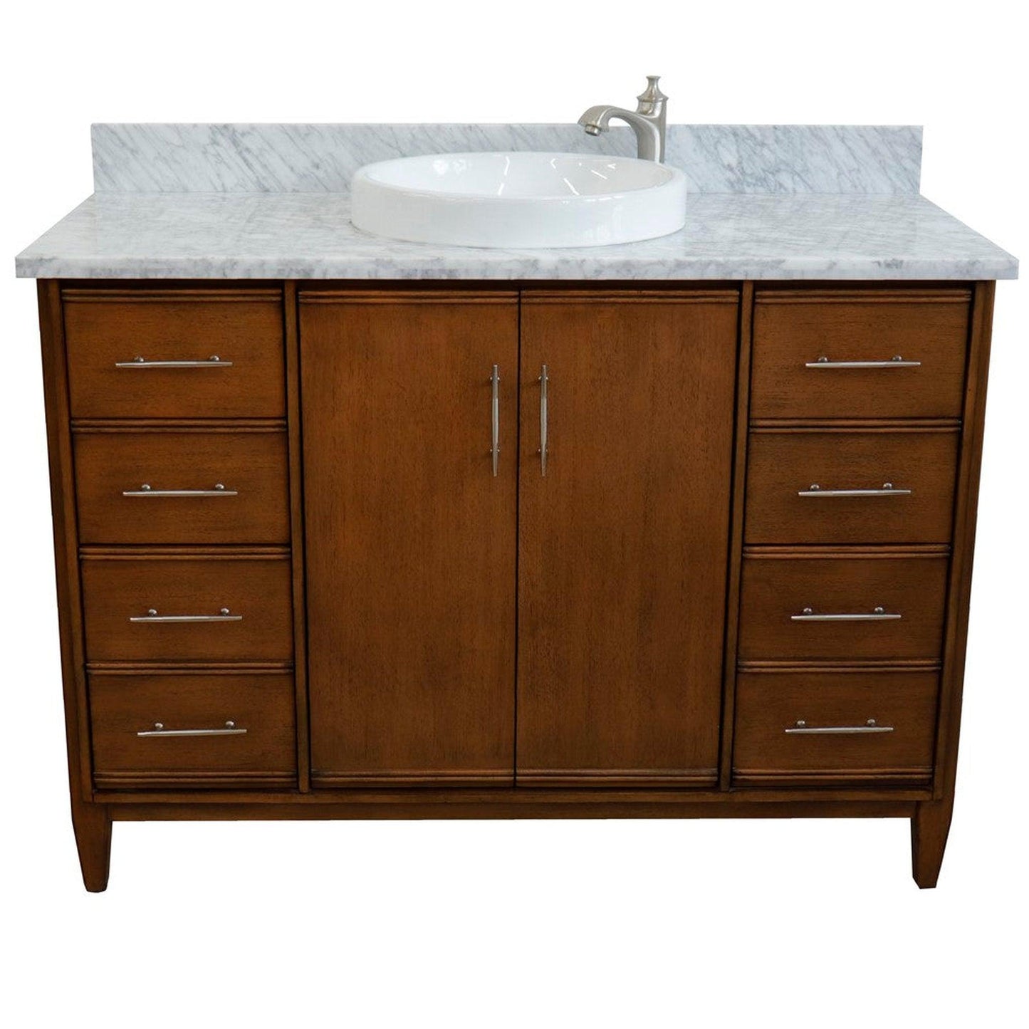 Bellaterra Home MCM 49" 2-Door 6-Drawer Walnut Freestanding Vanity Set With Ceramic Vessel Sink and White Carrara Marble Top