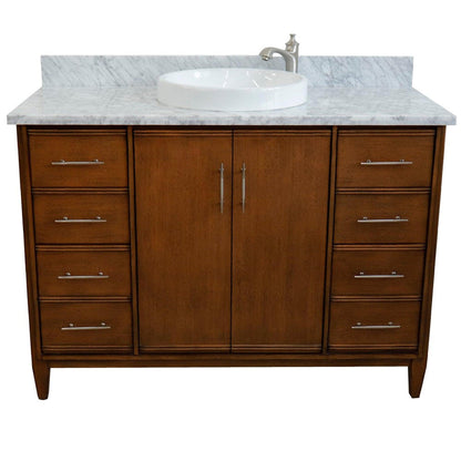 Bellaterra Home MCM 49" 2-Door 6-Drawer Walnut Freestanding Vanity Set With Ceramic Vessel Sink and White Carrara Marble Top