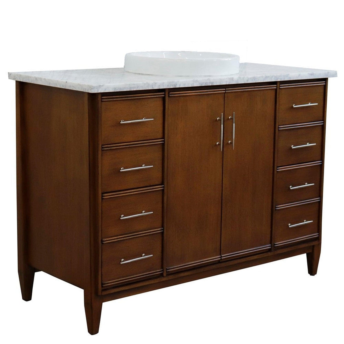 Bellaterra Home MCM 49" 2-Door 6-Drawer Walnut Freestanding Vanity Set With Ceramic Vessel Sink and White Carrara Marble Top