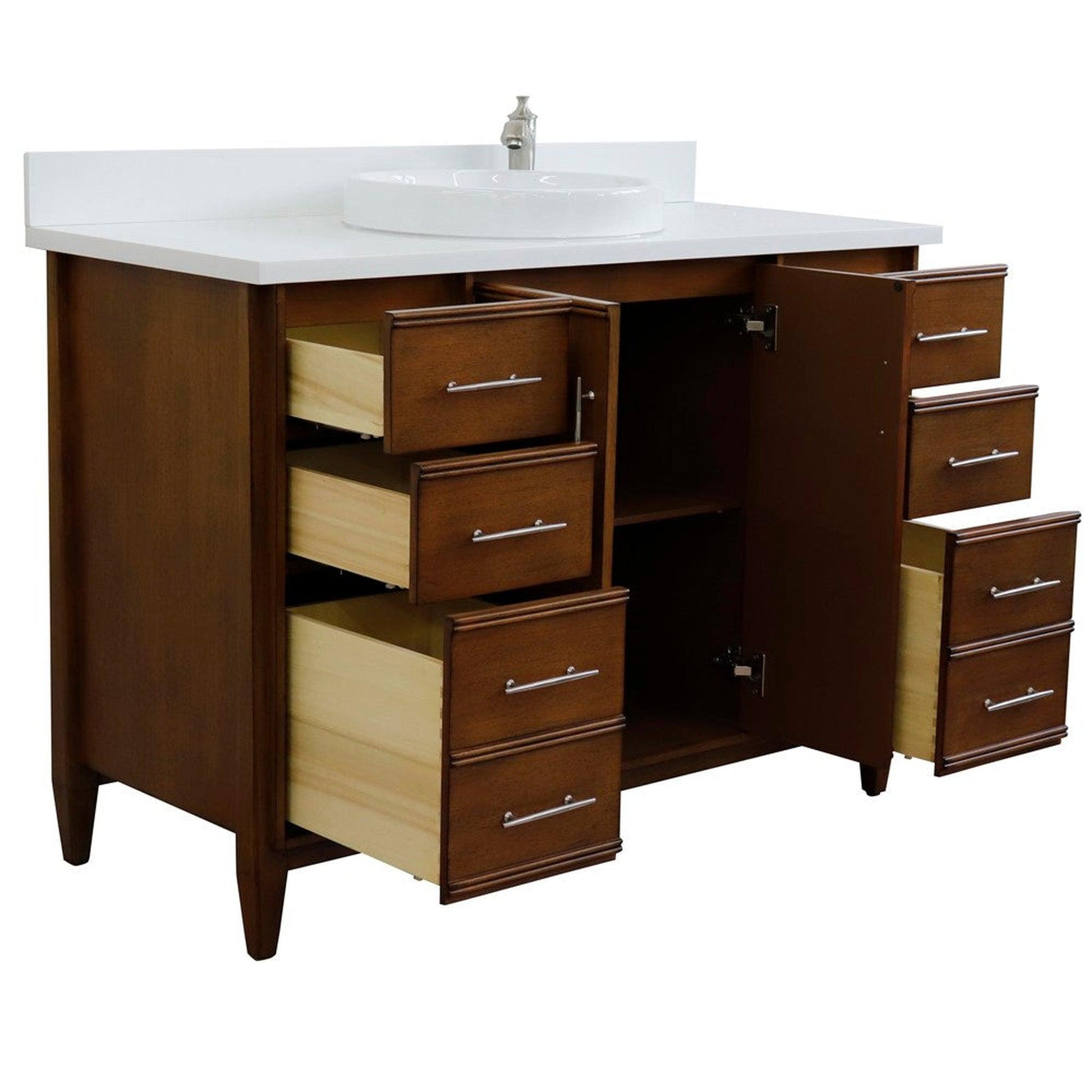 Bellaterra Home MCM 49" 2-Door 6-Drawer Walnut Freestanding Vanity Set With Ceramic Vessel Sink and White Quartz Top