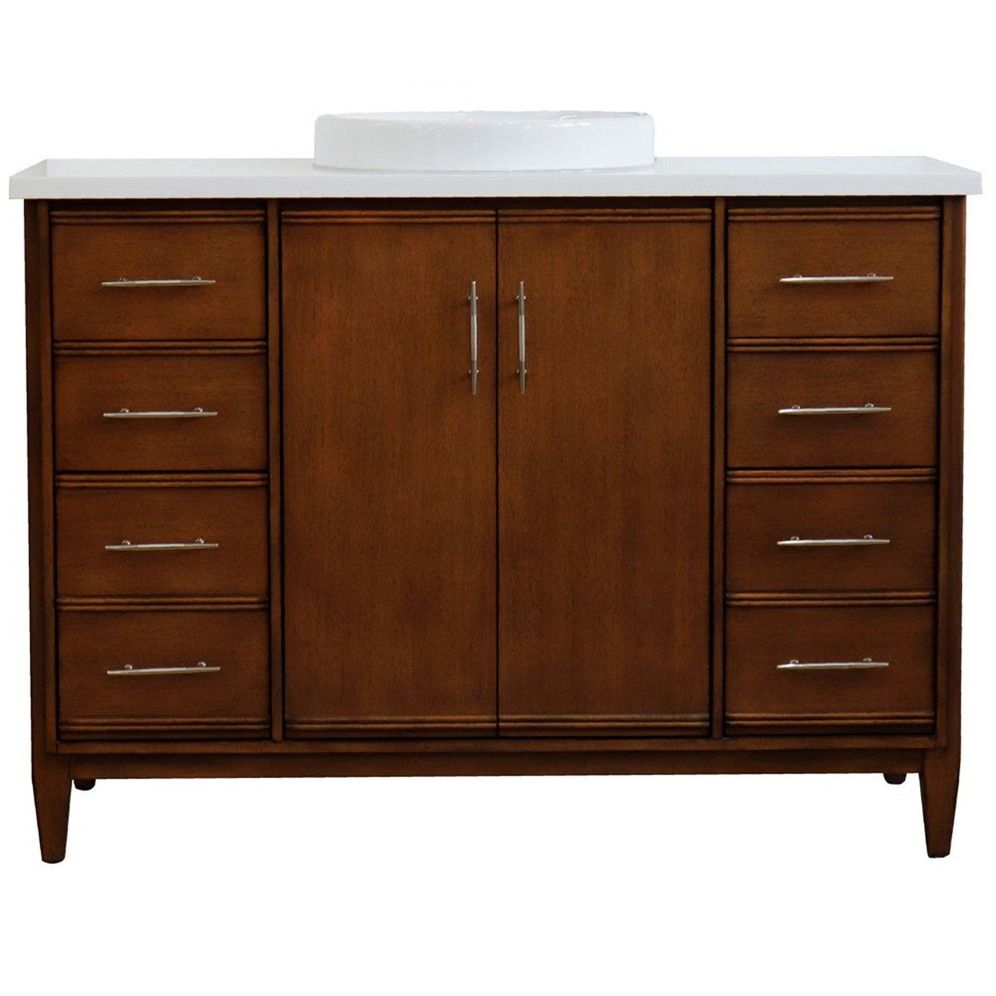 Bellaterra Home MCM 49" 2-Door 6-Drawer Walnut Freestanding Vanity Set With Ceramic Vessel Sink and White Quartz Top