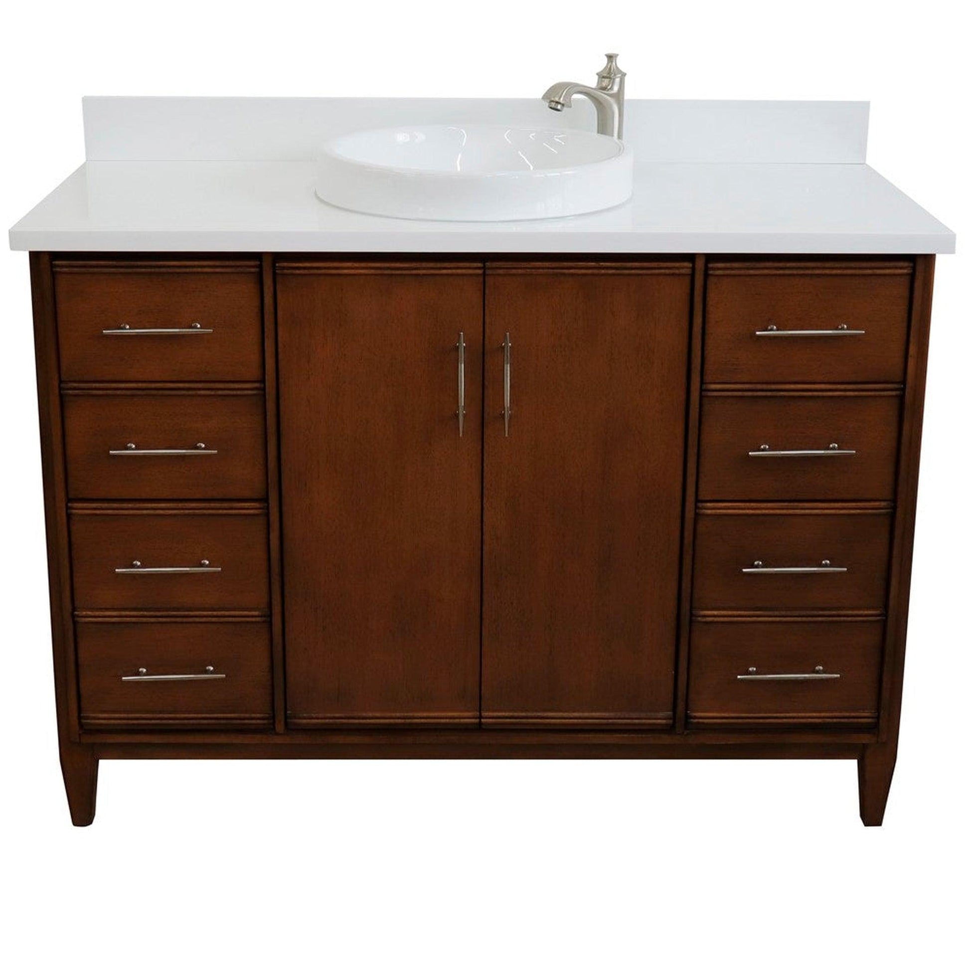 Bellaterra Home MCM 49" 2-Door 6-Drawer Walnut Freestanding Vanity Set With Ceramic Vessel Sink and White Quartz Top