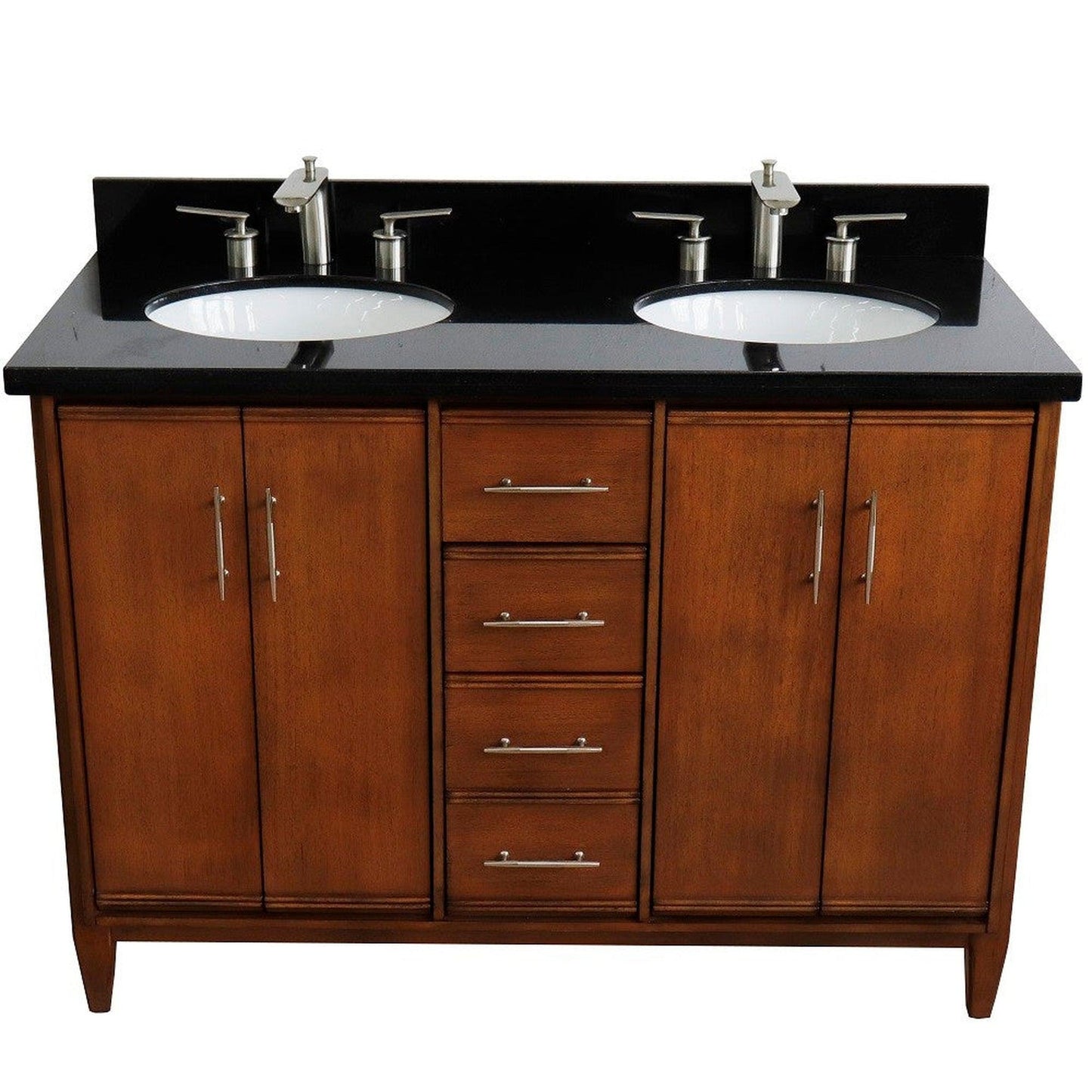 Bellaterra Home MCM 49" 4-Door 2-Drawer Walnut Freestanding Vanity Set With Ceramic Double Undermount Oval Sink and Black Galaxy Granite Top