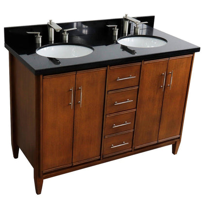 Bellaterra Home MCM 49" 4-Door 2-Drawer Walnut Freestanding Vanity Set With Ceramic Double Undermount Oval Sink and Black Galaxy Granite Top