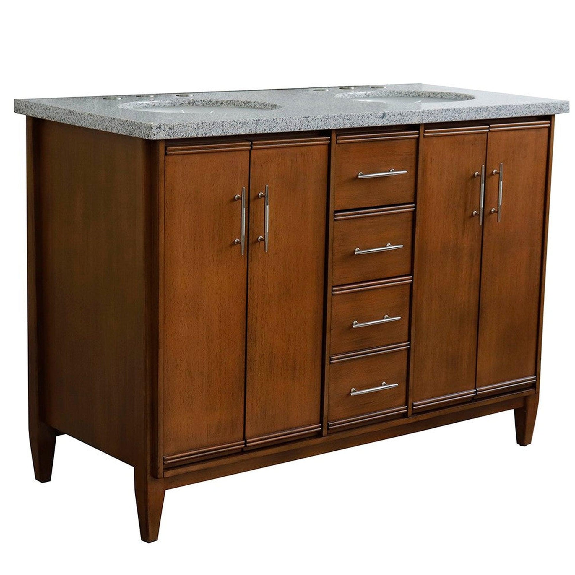 Bellaterra Home MCM 49" 4-Door 2-Drawer Walnut Freestanding Vanity Set With Ceramic Double Undermount Oval Sink and Gray Granite Top