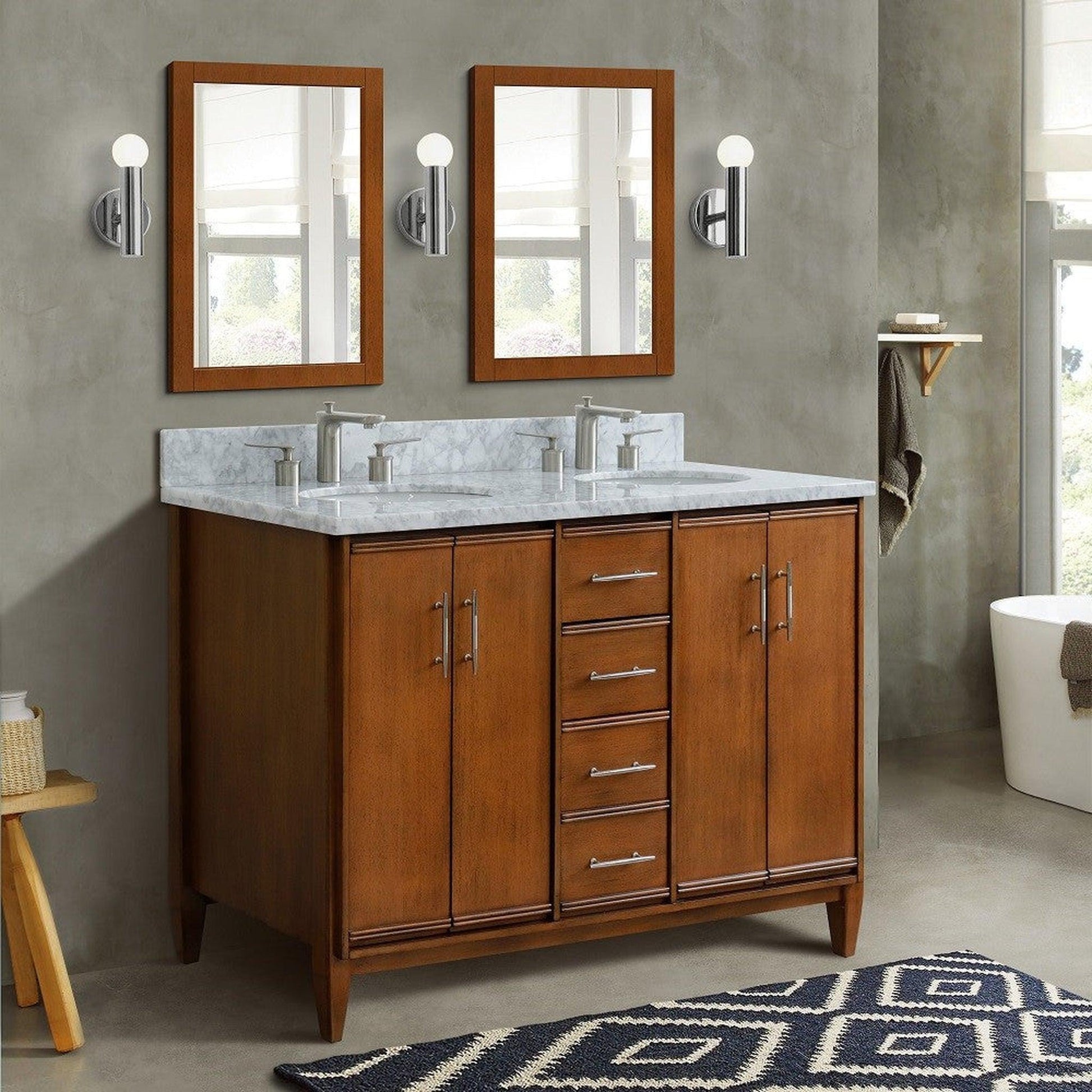 Bellaterra Home MCM 49" 4-Door 2-Drawer Walnut Freestanding Vanity Set With Ceramic Double Undermount Oval Sink and White Carrara Marble Top