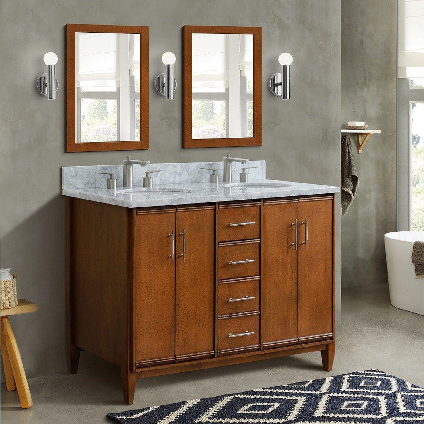 Bellaterra Home MCM 49" 4-Door 2-Drawer Walnut Freestanding Vanity Set With Ceramic Double Undermount Oval Sink and White Carrara Marble Top