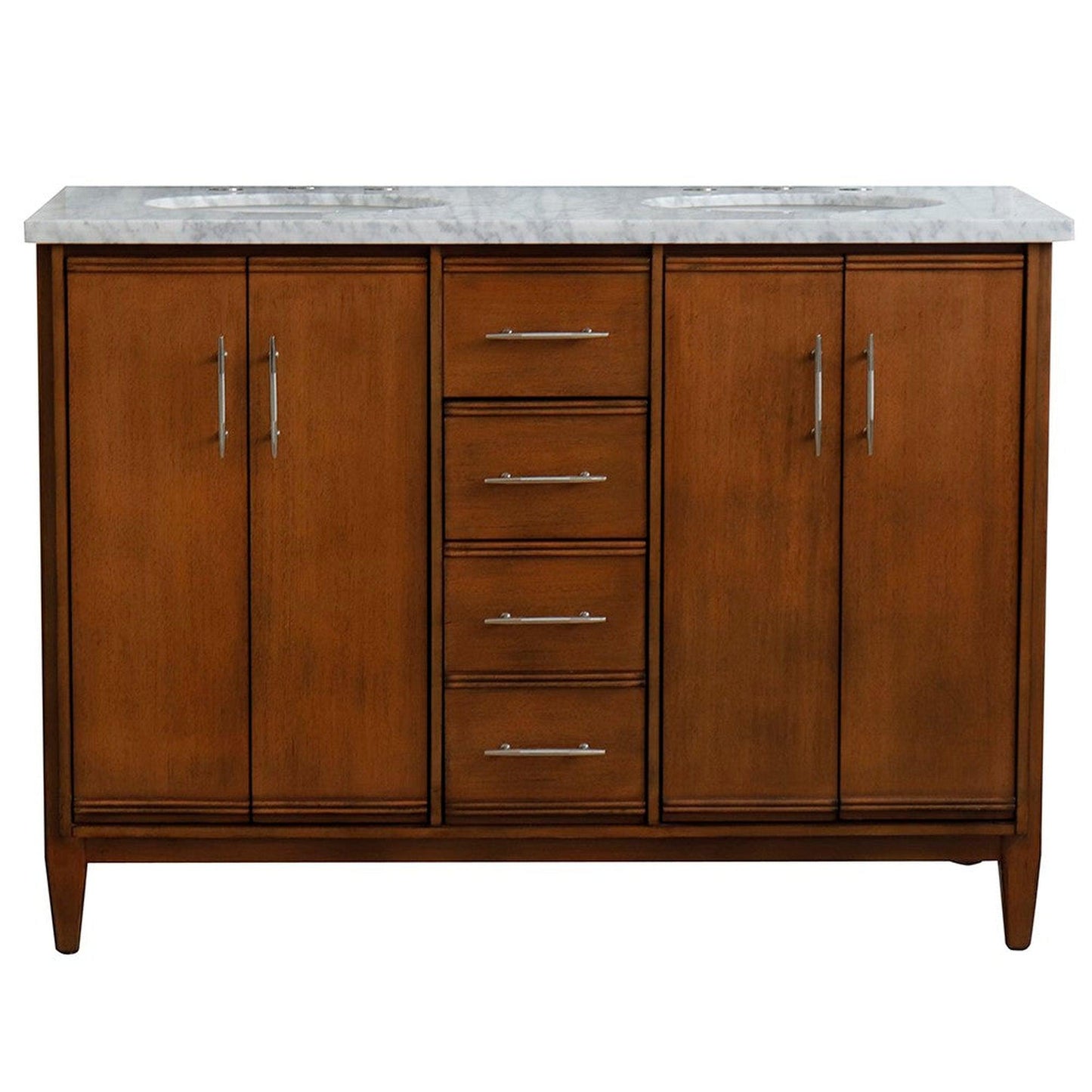 Bellaterra Home MCM 49" 4-Door 2-Drawer Walnut Freestanding Vanity Set With Ceramic Double Undermount Oval Sink and White Carrara Marble Top