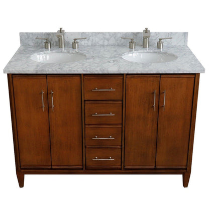 Bellaterra Home MCM 49" 4-Door 2-Drawer Walnut Freestanding Vanity Set With Ceramic Double Undermount Oval Sink and White Carrara Marble Top