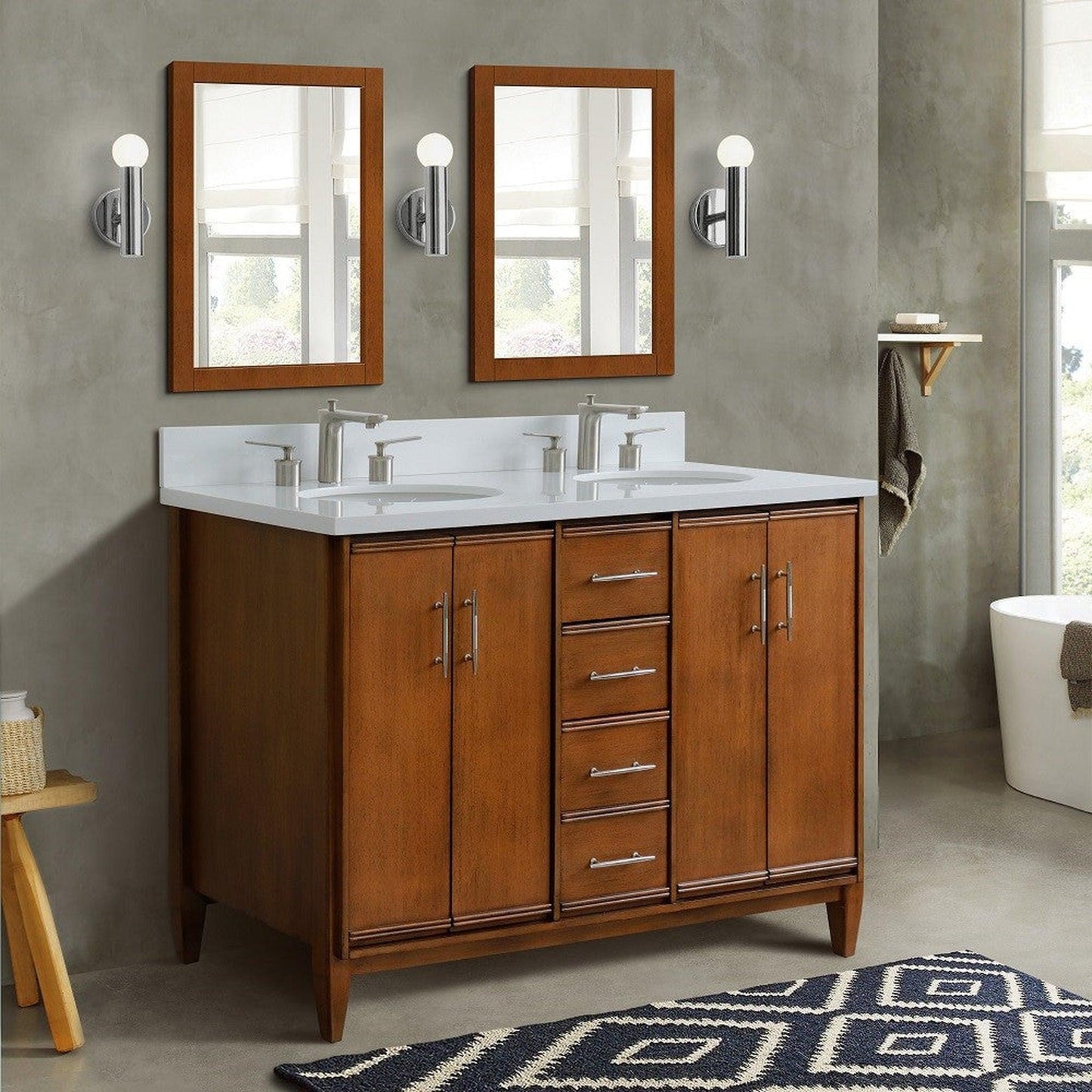 Bellaterra Home MCM 49" 4-Door 2-Drawer Walnut Freestanding Vanity Set With Ceramic Double Undermount Oval Sink and White Quartz Top