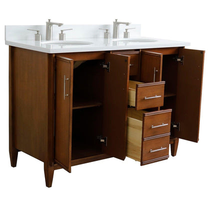 Bellaterra Home MCM 49" 4-Door 2-Drawer Walnut Freestanding Vanity Set With Ceramic Double Undermount Oval Sink and White Quartz Top