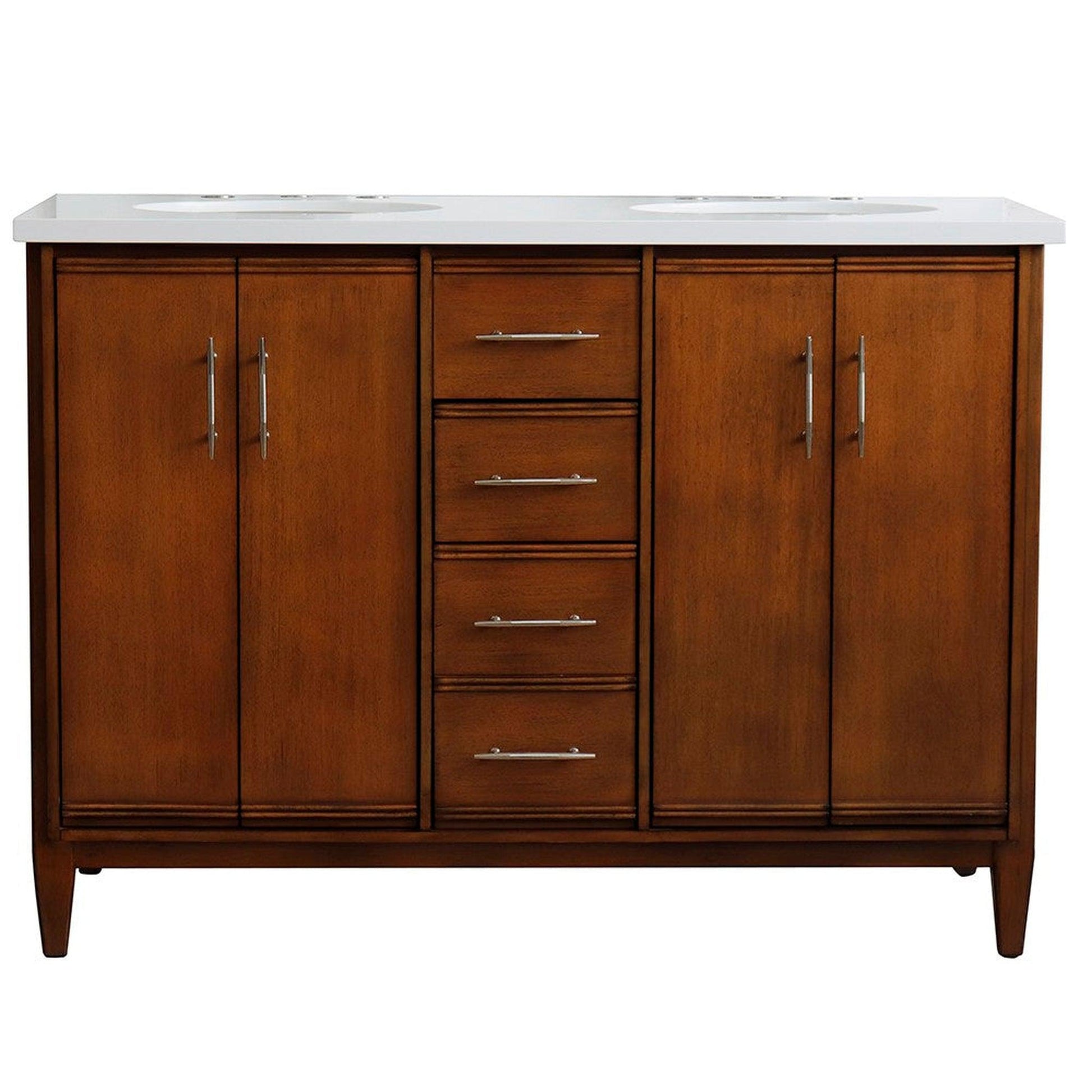 Bellaterra Home MCM 49" 4-Door 2-Drawer Walnut Freestanding Vanity Set With Ceramic Double Undermount Oval Sink and White Quartz Top