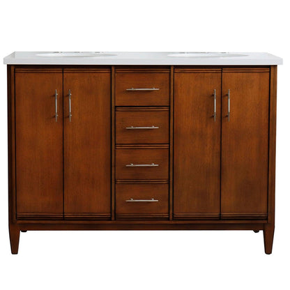 Bellaterra Home MCM 49" 4-Door 2-Drawer Walnut Freestanding Vanity Set With Ceramic Double Undermount Oval Sink and White Quartz Top