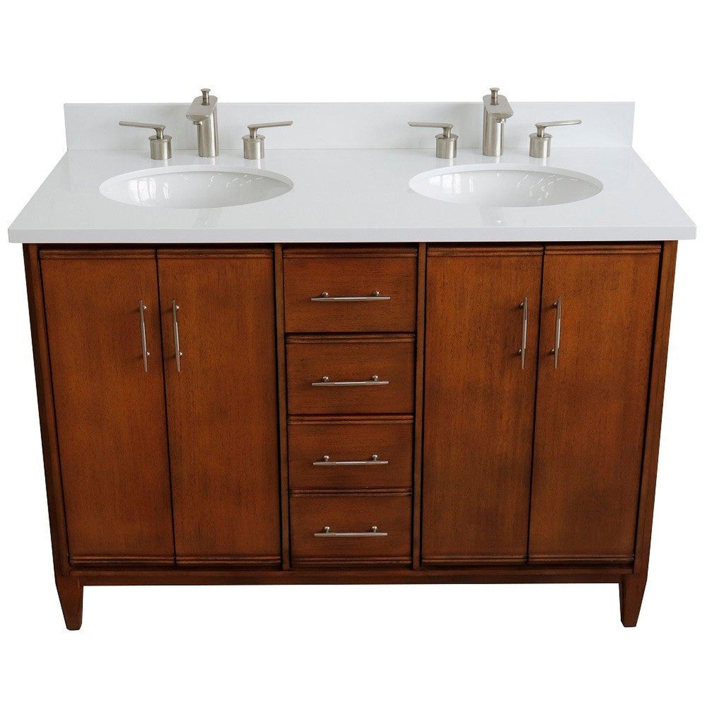 Bellaterra Home MCM 49" 4-Door 2-Drawer Walnut Freestanding Vanity Set With Ceramic Double Undermount Oval Sink and White Quartz Top