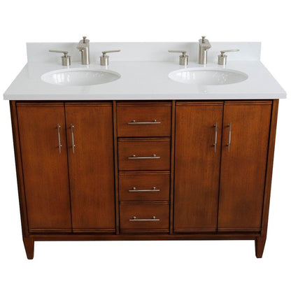 Bellaterra Home MCM 49" 4-Door 2-Drawer Walnut Freestanding Vanity Set With Ceramic Double Undermount Oval Sink and White Quartz Top