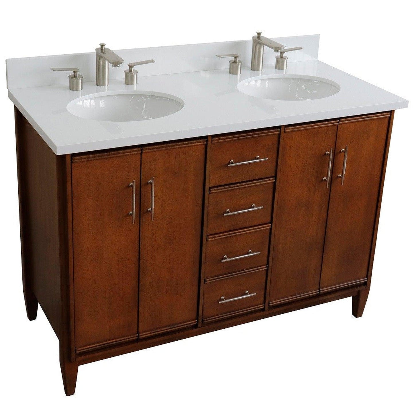 Bellaterra Home MCM 49" 4-Door 2-Drawer Walnut Freestanding Vanity Set With Ceramic Double Undermount Oval Sink and White Quartz Top