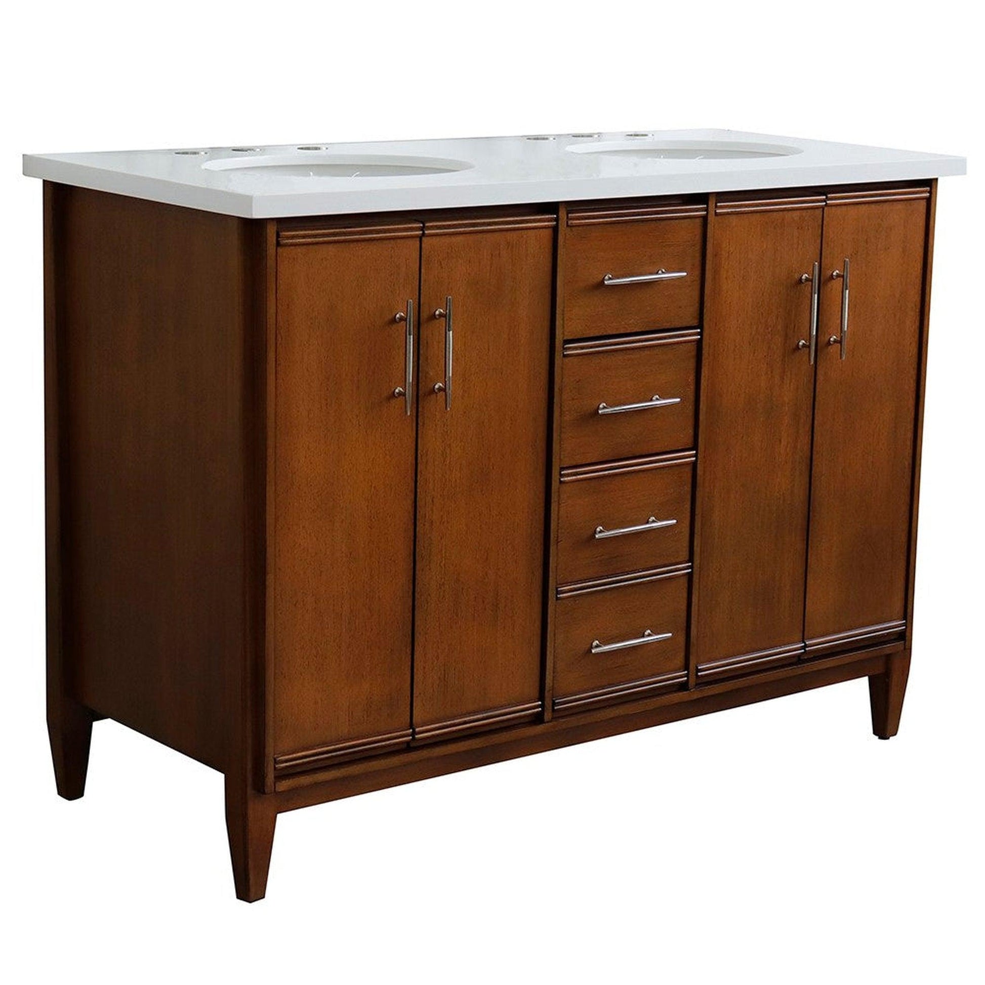 Bellaterra Home MCM 49" 4-Door 2-Drawer Walnut Freestanding Vanity Set With Ceramic Double Undermount Oval Sink and White Quartz Top