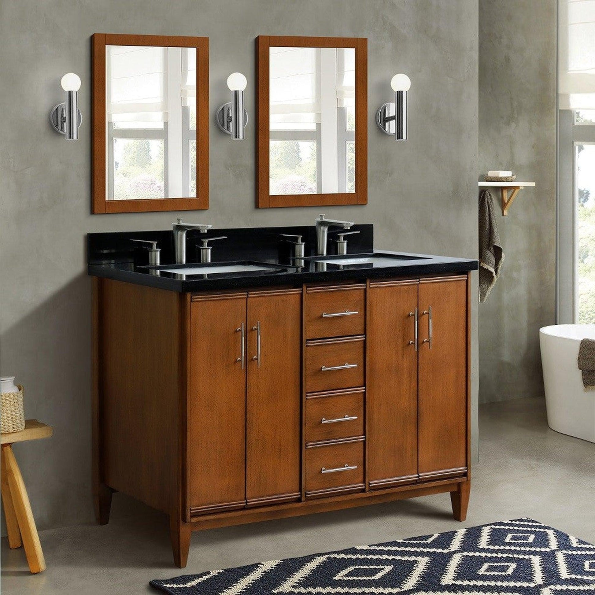 Bellaterra Home MCM 49" 4-Door 2-Drawer Walnut Freestanding Vanity Set With Ceramic Double Undermount Rectangular Sink and Black Galaxy Granite Top