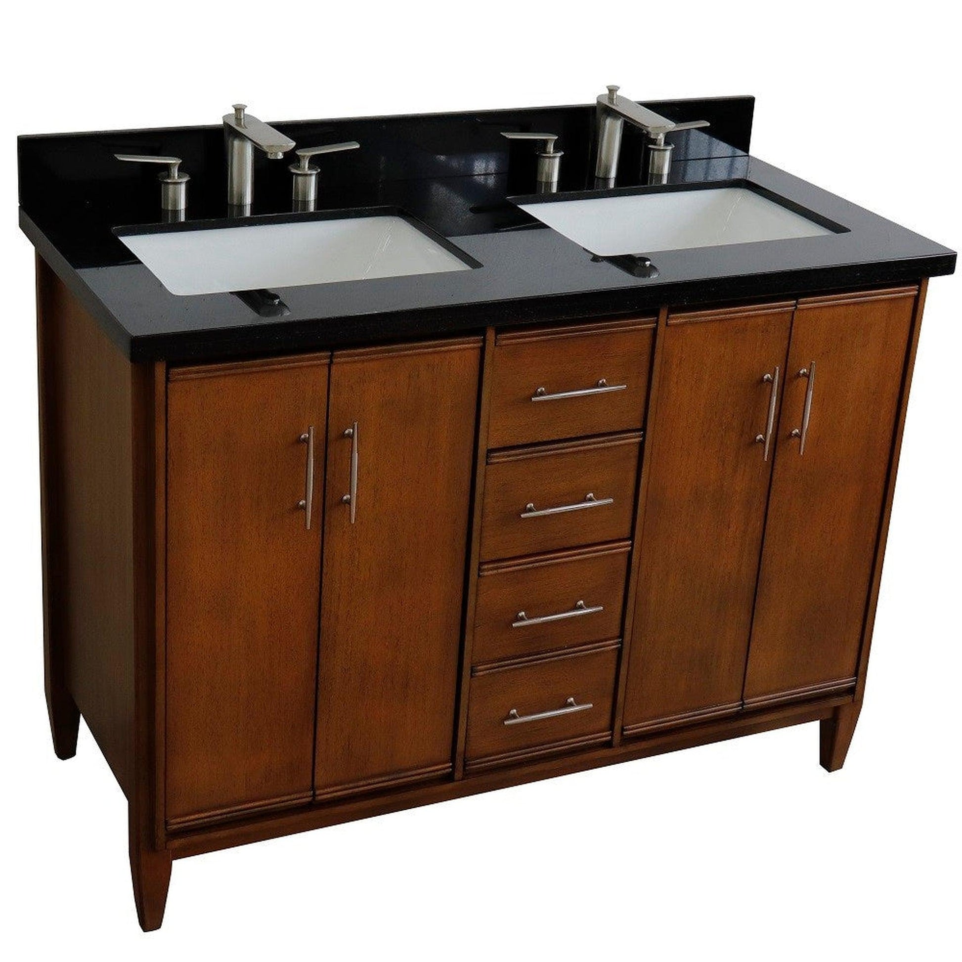 Bellaterra Home MCM 49" 4-Door 2-Drawer Walnut Freestanding Vanity Set With Ceramic Double Undermount Rectangular Sink and Black Galaxy Granite Top