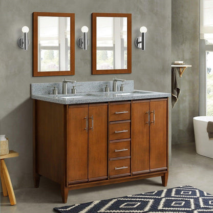 Bellaterra Home MCM 49" 4-Door 2-Drawer Walnut Freestanding Vanity Set With Ceramic Double Undermount Rectangular Sink and Gray Granite Top