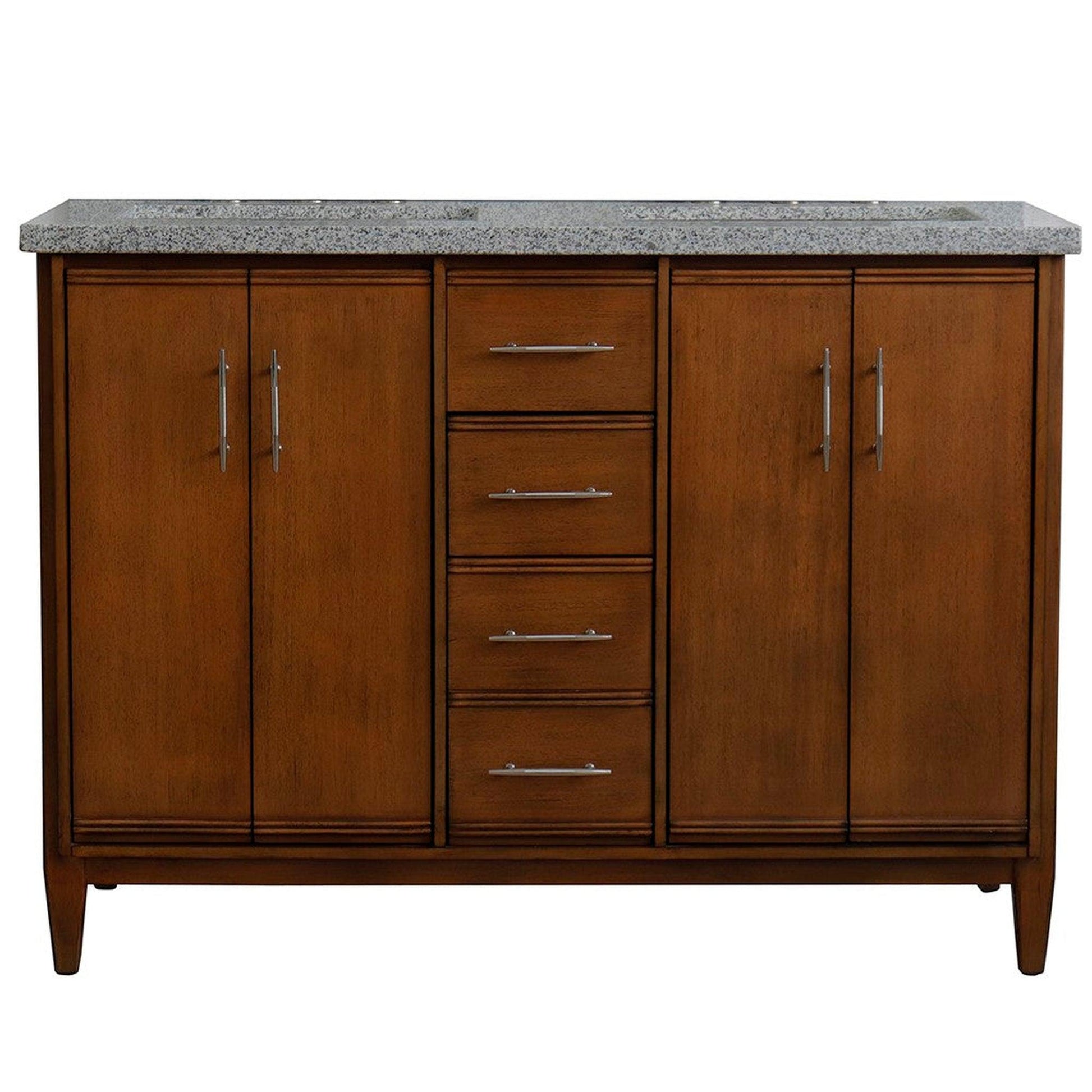 Bellaterra Home MCM 49" 4-Door 2-Drawer Walnut Freestanding Vanity Set With Ceramic Double Undermount Rectangular Sink and Gray Granite Top