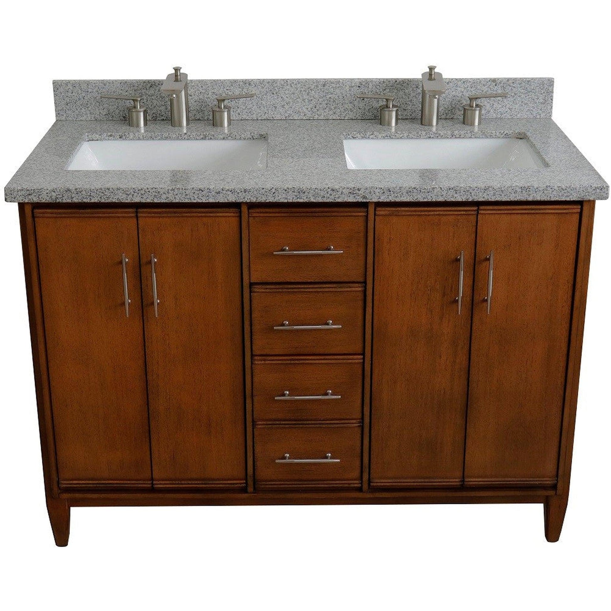 Bellaterra Home MCM 49" 4-Door 2-Drawer Walnut Freestanding Vanity Set With Ceramic Double Undermount Rectangular Sink and Gray Granite Top