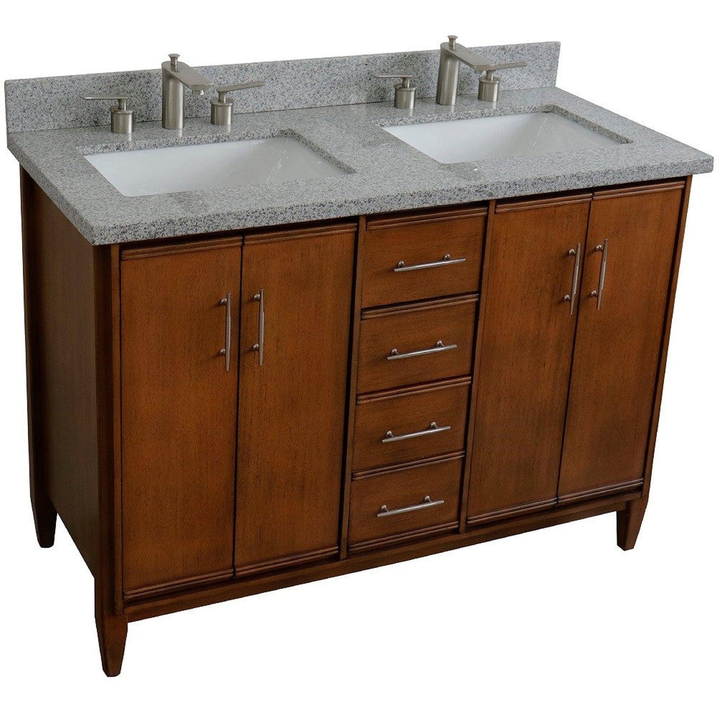 Bellaterra Home MCM 49" 4-Door 2-Drawer Walnut Freestanding Vanity Set With Ceramic Double Undermount Rectangular Sink and Gray Granite Top