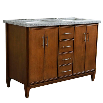 Bellaterra Home MCM 49" 4-Door 2-Drawer Walnut Freestanding Vanity Set With Ceramic Double Undermount Rectangular Sink and Gray Granite Top