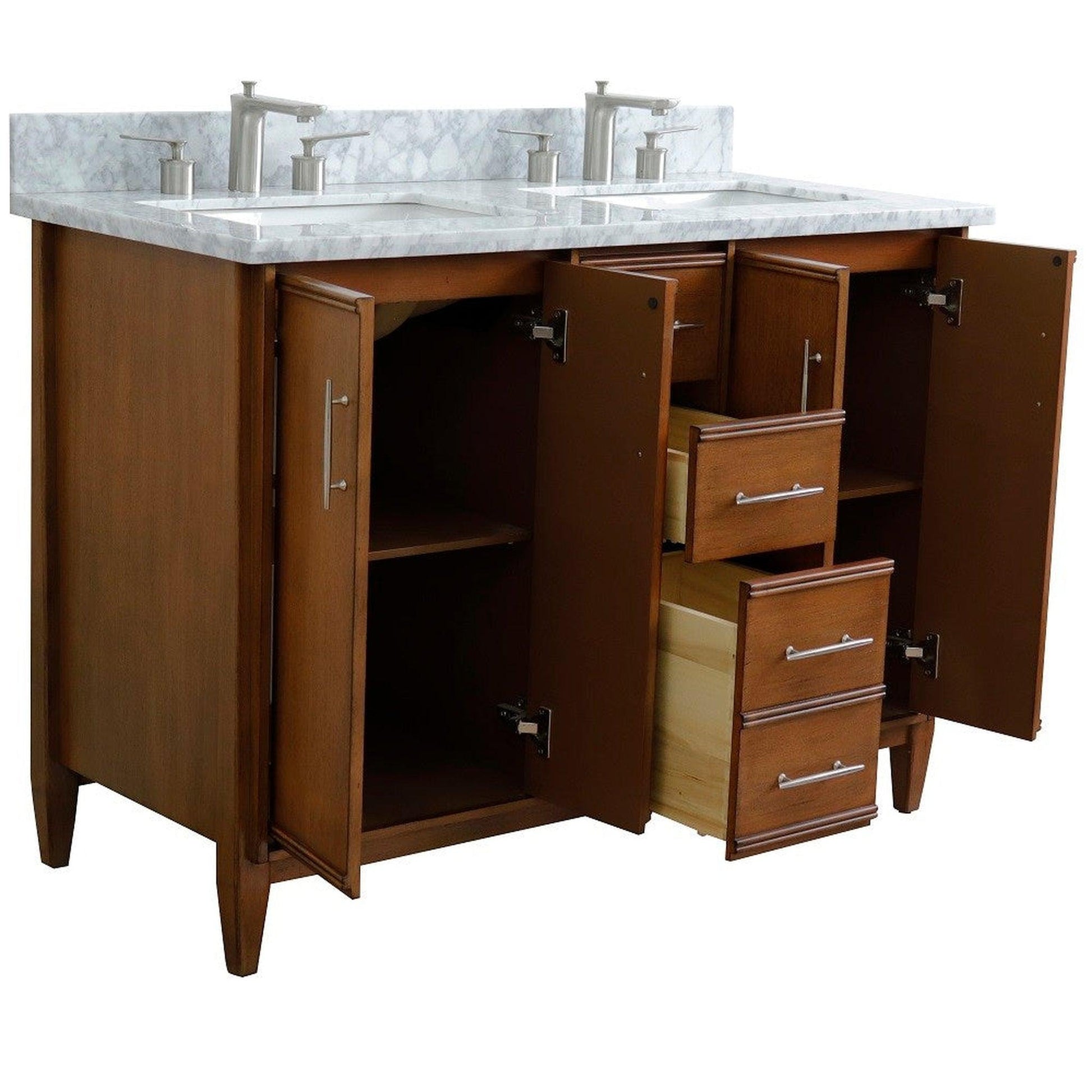 Bellaterra Home MCM 49" 4-Door 2-Drawer Walnut Freestanding Vanity Set With Ceramic Double Undermount Rectangular Sink and White Carrara Marble Top