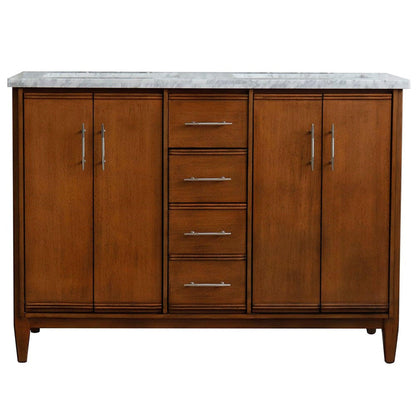 Bellaterra Home MCM 49" 4-Door 2-Drawer Walnut Freestanding Vanity Set With Ceramic Double Undermount Rectangular Sink and White Carrara Marble Top