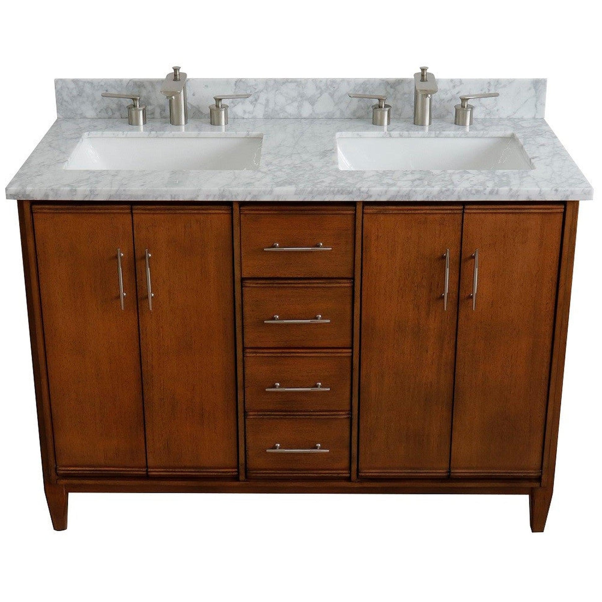 Bellaterra Home MCM 49" 4-Door 2-Drawer Walnut Freestanding Vanity Set With Ceramic Double Undermount Rectangular Sink and White Carrara Marble Top