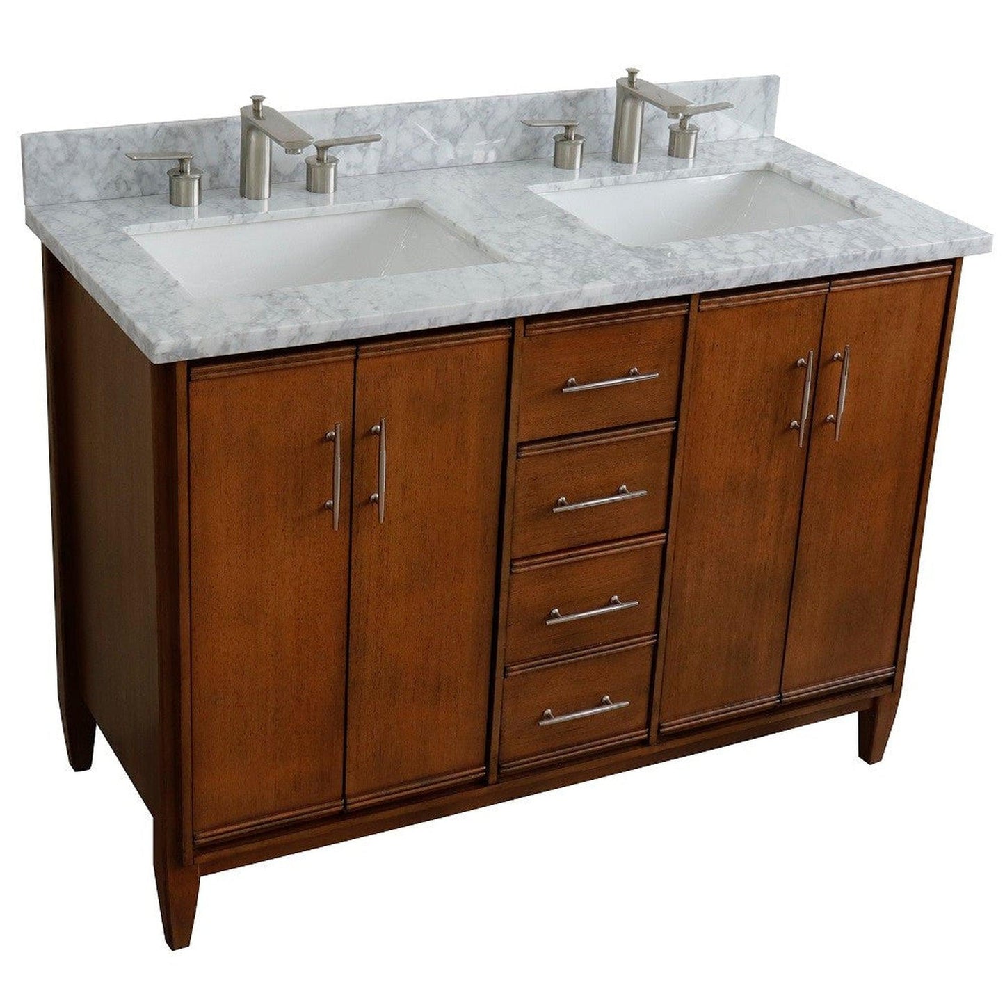 Bellaterra Home MCM 49" 4-Door 2-Drawer Walnut Freestanding Vanity Set With Ceramic Double Undermount Rectangular Sink and White Carrara Marble Top