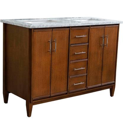 Bellaterra Home MCM 49" 4-Door 2-Drawer Walnut Freestanding Vanity Set With Ceramic Double Undermount Rectangular Sink and White Carrara Marble Top