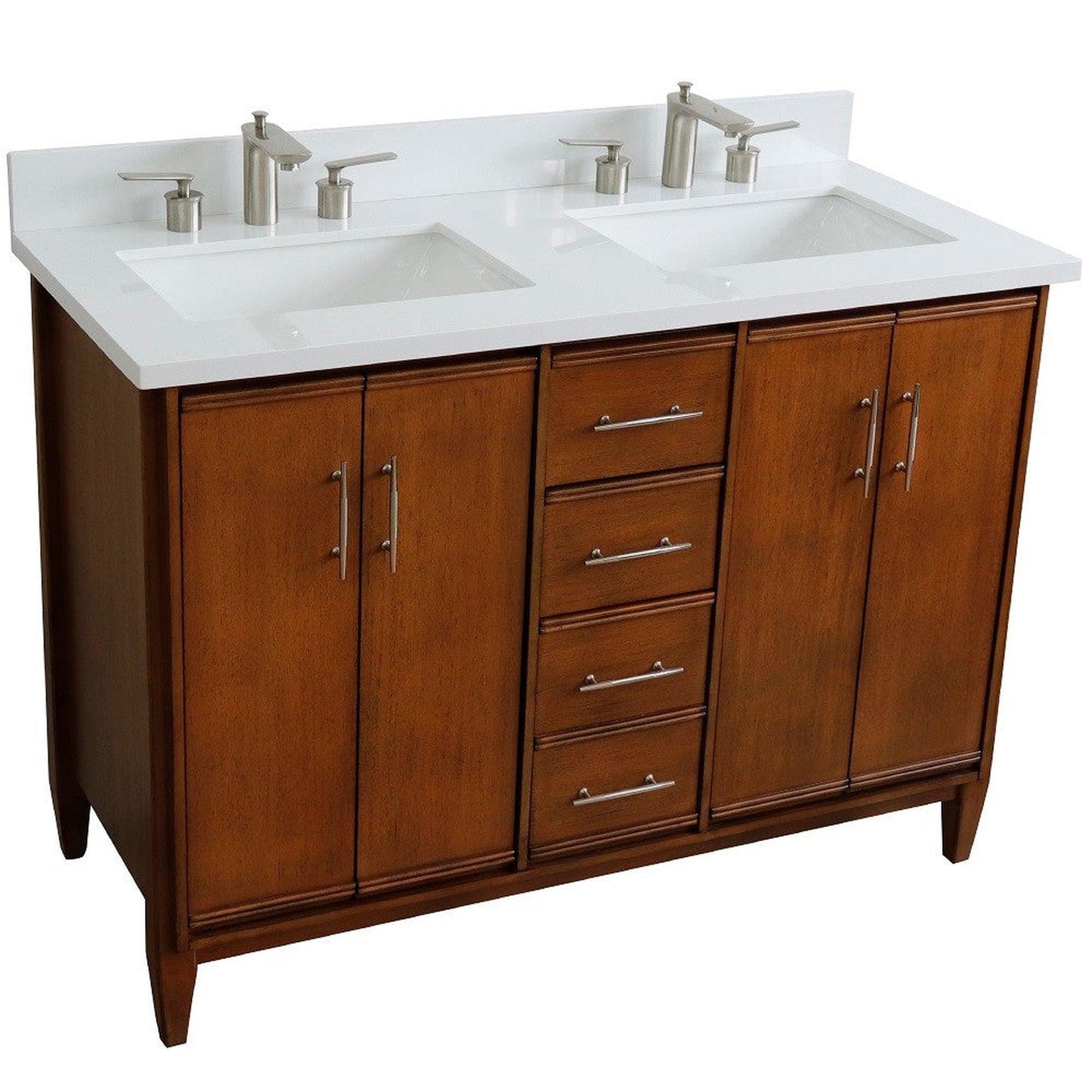 Bellaterra Home MCM 49" 4-Door 2-Drawer Walnut Freestanding Vanity Set With Ceramic Double Undermount Rectangular Sink and White Quartz Top