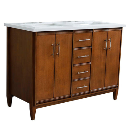 Bellaterra Home MCM 49" 4-Door 2-Drawer Walnut Freestanding Vanity Set With Ceramic Double Undermount Rectangular Sink and White Quartz Top