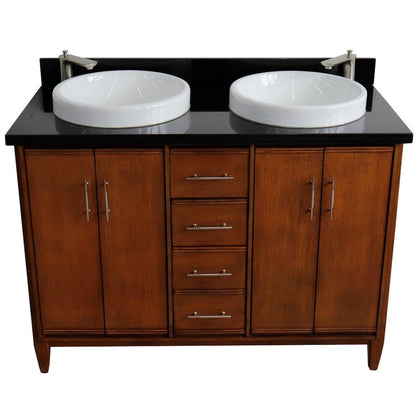 Bellaterra Home MCM 49" 4-Door 2-Drawer Walnut Freestanding Vanity Set With Ceramic Double Vessel Sink and Black Galaxy Granite Top