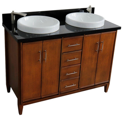 Bellaterra Home MCM 49" 4-Door 2-Drawer Walnut Freestanding Vanity Set With Ceramic Double Vessel Sink and Black Galaxy Granite Top